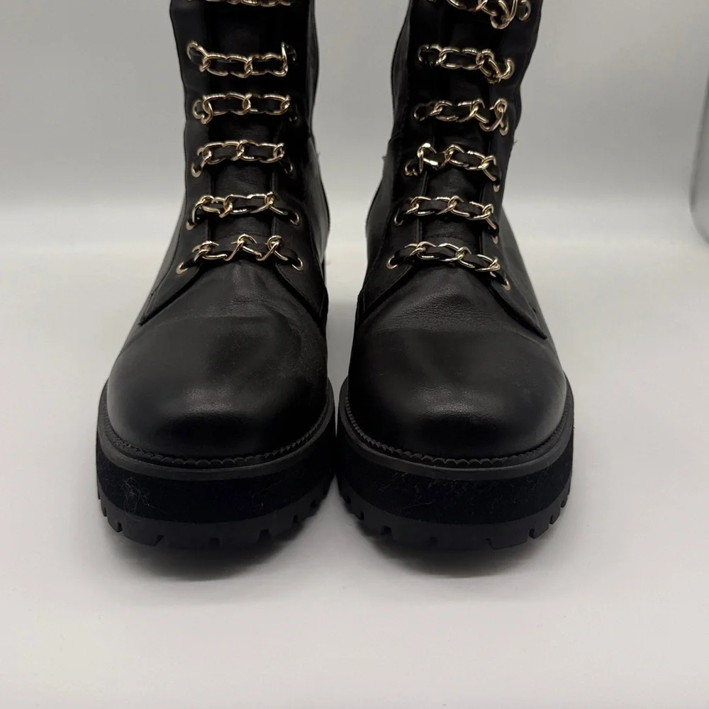 Cecelia New York Gold Chain Lace Knee High Tiny Leather Boot 8.5 Black